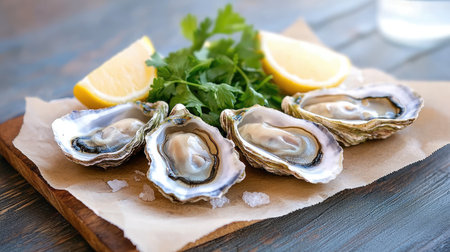A stunning arrangement of fresh oysters on a wooden board, garnished with lemon wedges and green herbs, perfect for a gourmet seafood experience.の素材
