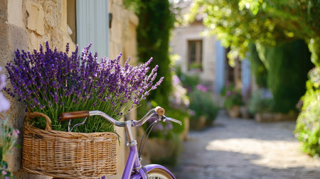 A charming bicycle adorned with a basket full of lavender stands in a picturesque village pathway, surrounded by lush greenery and vibrant flowers, radiating tranquility.の素材