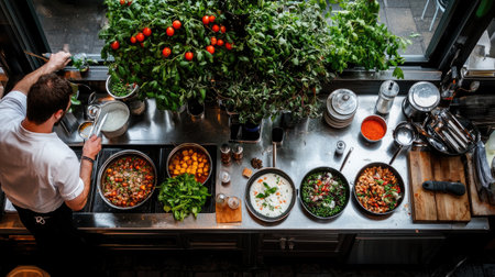 A chef skillfully prepares a variety of fresh ingredients in a modern kitchen. The vibrant colors of vegetables and herbs create an inviting atmosphere for culinary creations.の素材