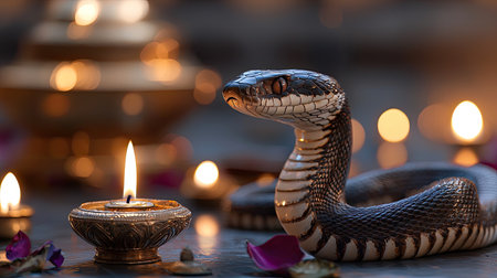A captivating image of a snake nestled by a lit candle, surrounded by flowers. The soft evening light and warm glow create a serene atmosphere, perfect for relaxation and meditation.の素材