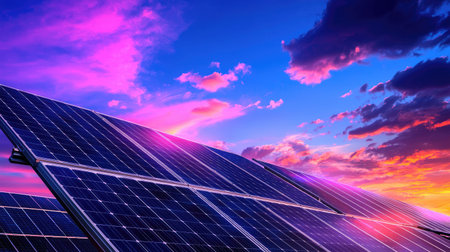 This stunning image showcases solar panels collecting sunlight during a vibrant sunset. The colorful sky features shades of blue and purple, highlighting renewable energy technology in a natural landscape.の素材