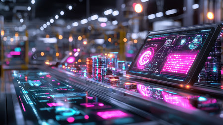 A futuristic control room featuring advanced digital screens and interfaces, showcasing vibrant neon colors and modern technology for data processing and analysis.の素材