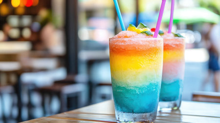 A bright and colorful frozen beverage served in clear glasses with vibrant straws. Perfect for summer parties or outdoor gatherings, this refreshing drink showcases a delightful layered appearance.の素材