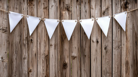 White triangular bunting flags hang on a rustic wooden fence, providing a blank canvas for creative designs or event decorations. Perfect for celebrating occasions.の素材