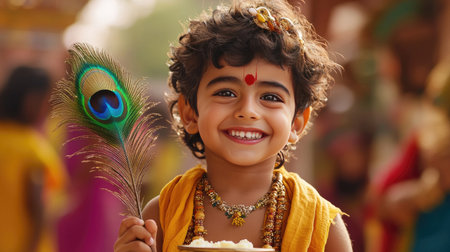 A joyful child in traditional attire smiles brightly while holding a colorful peacock feather, capturing the essence of celebration and cultural heritage in a vibrant setting.の素材