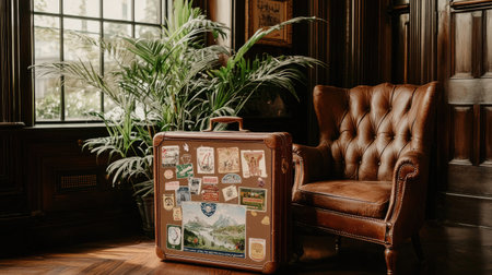 A beautifully styled vintage suitcase adorned with travel stickers sits beside an elegant armchair in a cozy indoor setting, creating a nostalgic travel atmosphere.の素材