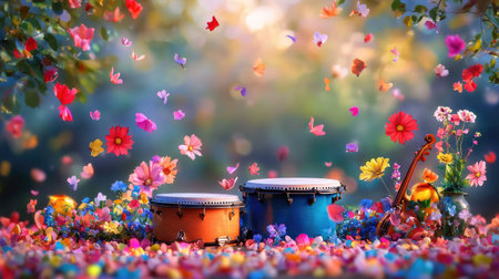 Discover a beautiful outdoor scene filled with vibrant flowers and butterflies, complemented by traditional musical instruments, evoking tranquility and joy.の素材