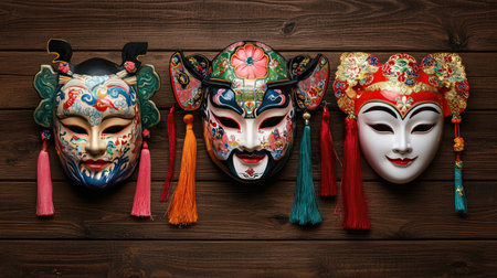 This captivating image showcases three traditional decorative masks, each intricately designed and vibrant, set against a rustic wooden background.の素材