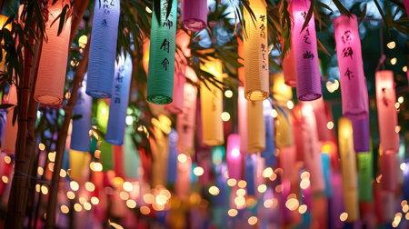 Vibrant, colorful lanterns hang above in a festive night setting, creating a magical ambiance filled with joy and celebration during a cultural event.の素材
