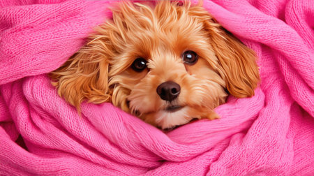 This charming image features a small dog wrapped snugly in a vibrant pink blanket, showcasing its gentle expression and loving demeanor. Perfect for conveying warmth and companionship.の素材