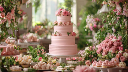 This exquisite photo features a stunning pink wedding cake adorned with beautiful roses, surrounded by a variety of delightful desserts, perfect for a romantic celebration.の素材