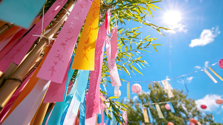 Vibrant decorations made of colorful paper and bamboo create a festive atmosphere under a bright blue sky, capturing the essence of celebration and joy.の素材