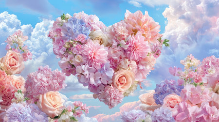 A stunning heart-shaped arrangement of delicate flowers in soft pastel colors floats amidst fluffy clouds and a serene sky, creating a romantic atmosphere.の素材
