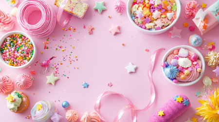 Explore a delightful arrangement of colorful sweets and decorations on a playful pink background, perfect for parties or festive occasions.の素材
