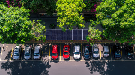 This aerial view showcases a vibrant car parking area complemented by solar panels and abundant green trees, highlighting eco-friendly urban living and sustainability.の素材