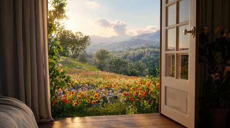 A stunning scene showcasing an open door leading to a vibrant flower field illuminated by soft morning sunlight, evoking feelings of tranquility and beauty.の素材