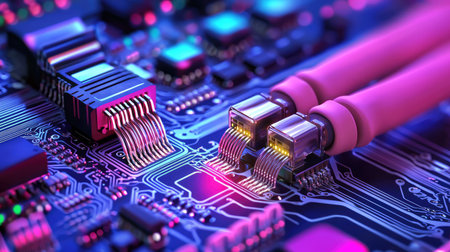 A vibrant close-up view of a modern circuit board featuring intricate fiber optic cables, showcasing technology with glowing connections and advanced design elements.の素材