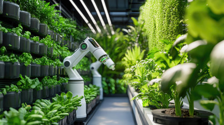 A robotic arm tends to vibrant greens in a modern vertical farm, showcasing advanced agricultural technology. The lush plants symbolize progress in sustainable food production.の素材