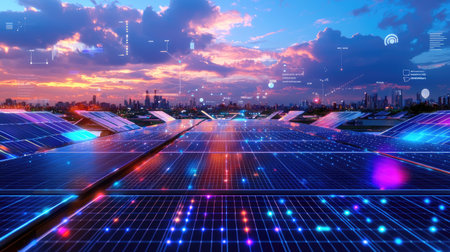A stunning rooftop solar panel installation during sunset with vibrant colors and digital overlays, showcasing the fusion of technology and renewable energy in an urban landscape.の素材