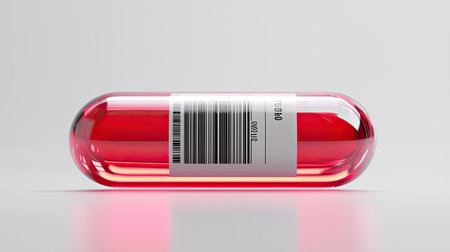 A striking transparent capsule filled with vibrant red liquid, featuring a simple barcode. This image emphasizes health concepts, product design, and modern aesthetics.の素材