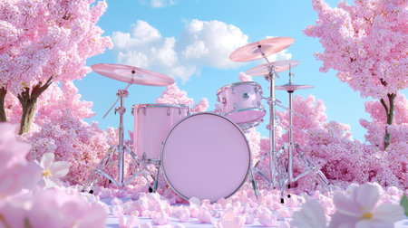 A vibrant pink drum set sits amidst a breathtaking scene of cherry blossom trees and fluffy clouds, symbolizing creativity and harmony in nature.の素材