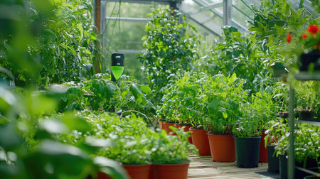 This vibrant greenhouse showcases an array of herbs and vegetables thriving in potted plants. Sunlight streams in, enhancing the lush greenery and tranquil atmosphere. Perfect for gardening enthusiasts!の素材