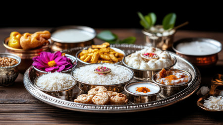 Explore a traditional Indian festive platter showcasing a variety of sweets and desserts, adorned with a flower, capturing the essence of celebration and culture.の素材