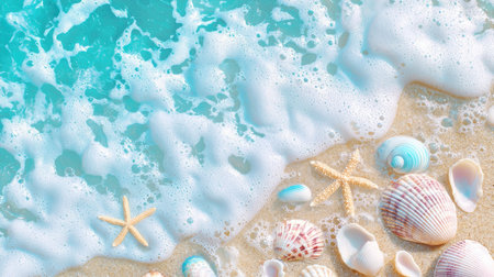 A serene beach scene featuring a variety of seashells and a starfish scattered on golden sand, with gentle waves creating foamy patterns along the shore.の素材