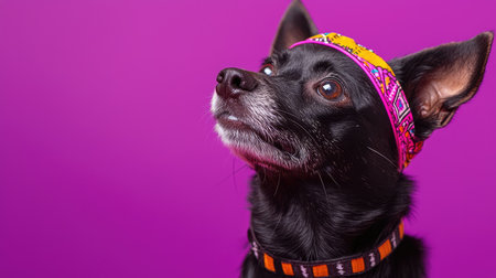 A charming black dog wearing a colorful headband poses beautifully against a bright purple background. This playful portrait captures the essence of pet fashion and personality.の素材