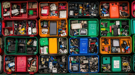 A vibrant display of assorted old mobile phones arranged in colorful bins, showcasing the challenge of e-waste recycling and technology obsolescence.の素材