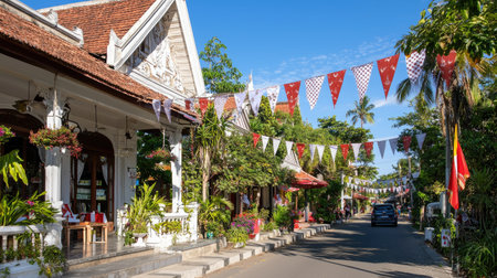 A picturesque street adorned with colorful banners and lush tropical plants under a clear blue sky, creating a vibrant and inviting atmosphere for visitors.の素材