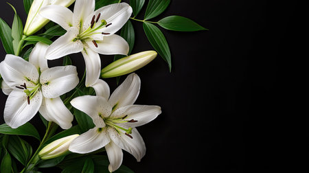 A stunning arrangement of elegant white lilies with lush green leaves set against a dark background, ideal for floral decor and artistic displays.の素材