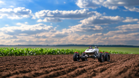 A remote-controlled vehicle travels across an agricultural field, showcasing technology in farming. The scenic landscape features a dramatic sky with clouds.の素材