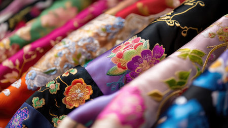 This image showcases a vibrant display of embroidered fabrics, highlighting intricate floral patterns and a rich array of colors, perfect for textile enthusiasts.の素材