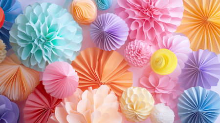 A colorful assortment of paper decorations in various shapes and sizes, ideal for festive occasions. These vibrant pieces add charm to any celebration.の素材