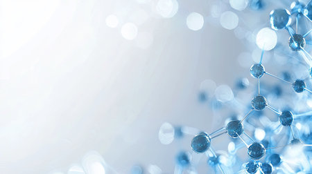 This abstract image showcases a molecular structure with blue spheres interconnected by strands against a soft light background, symbolizing scientific research and innovation.の素材