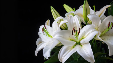 A striking arrangement of elegant white lilies displayed against a deep black background, showcasing their intricate petals and vibrant green leaves.の素材