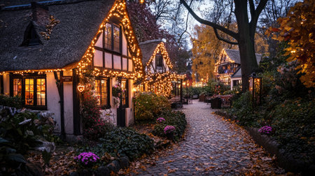 A picturesque village scene featuring quaint houses adorned with lights amid colorful autumn leaves. The evening ambiance creates a cozy and inviting atmosphere.の素材