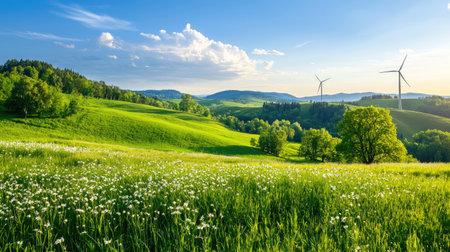 A vibrant green landscape featuring rolling hills and wind turbines, under a bright blue sky with scattered clouds. Ideal for nature and energy themes.の素材