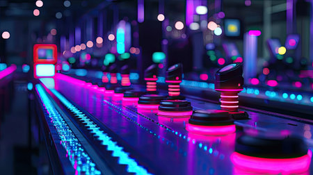 An energetic scene showcasing neon-lit gaming controls surrounded by vibrant ambient lighting. Ideal for themes of entertainment, nightlife, and modern technology.の素材