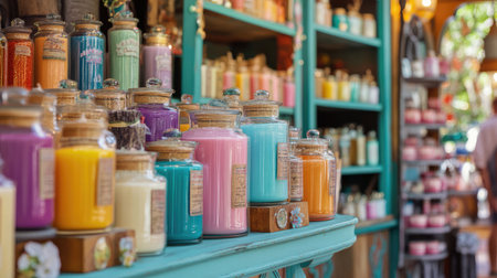 A vibrant display of colorful candles in decorative jars captures the essence of artisanal craftsmanship and inviting ambiance in a charming shop setting.の素材