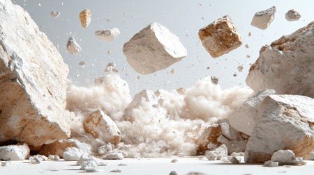 A dynamic scene depicting the explosive fragmentation of rocks, creating a cloud of dust and debris. The image captures energy and intensity, showcasing nature's raw power.の素材