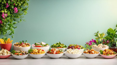 A vibrant array of fresh dishes presented in elegant bowls on a table. Perfect for showcasing healthy eating, culinary creativity, and inviting dining experiences.の素材