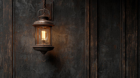 A vintage lantern hangs on a dark wall, casting a warm light that creates a cozy and inviting atmosphere. Perfect for rustic or industrial decor.の素材