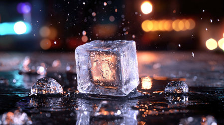 A stunning ice cube glows amidst water droplets, capturing the essence of urban nightlife. Perfect for themes of cold, freshness, and beauty.の素材