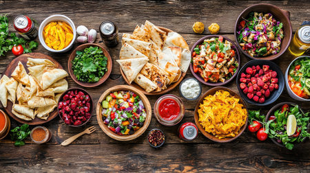 A delightful spread of fresh and healthy foods arranged on a wooden table, featuring vibrant salads, dips, fruits, and crunchy snacks perfect for gatherings.の素材