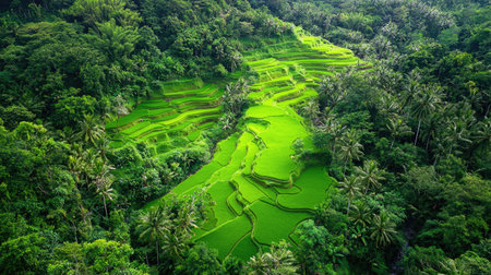A breathtaking aerial view of vibrant green rice terraces nestled in a dense tropical forest, showcasing the beauty of nature and sustainable agriculture.の素材