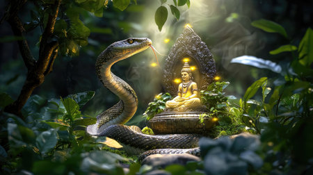 A captivating scene featuring a serene Buddha statue embraced by a mystical snake in a lush jungle setting, evoking spirituality and tranquility amid nature's beauty.の素材