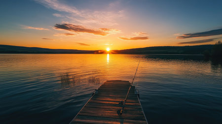 A tranquil sunset view over a calm lake featuring a wooden fishing pier. The golden hues reflect on the water, creating a peaceful atmosphere perfect for relaxation.の素材