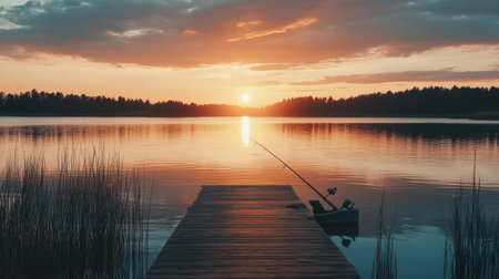 A picturesque scene capturing a fishing boat moored at a wooden pier, with a stunning sunset illuminating the tranquil lake and surrounding nature.の素材